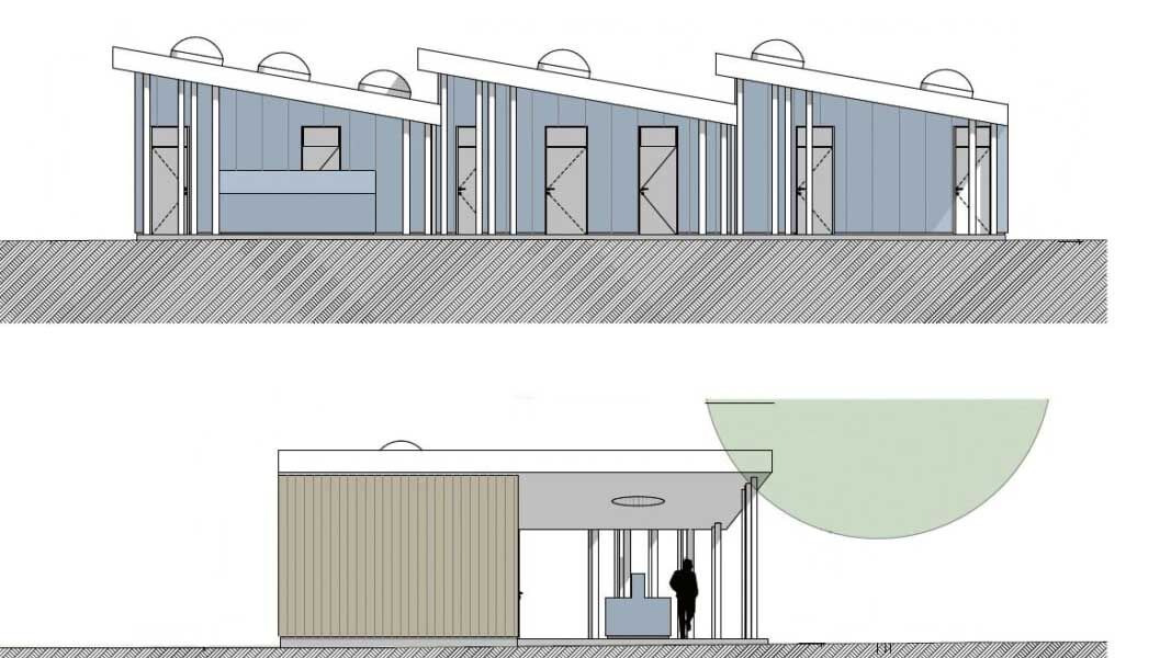 Das neue Gebäude wird vier grosse Räume haben: Duschen und Toiletten und eine überdachte Geschirrabwaschstation draussen.